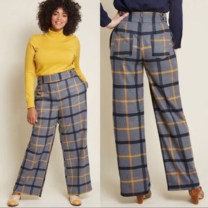 Modcloth Put Fab First Grey High Waist Wide Leg Flannel Plaid Pants Trousers XL